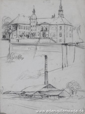 Skizze, Gödens, Schloss und Schweinebrück, 1920-50er, 29,5x40 cm, Bleistiftzeichnung, Nachlass Arthur Eden (WV-Nr. 250)