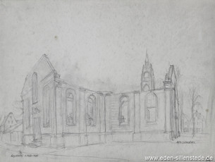 Skizze, Jever, Stadt, Am Kirchplatz, Alte Stadtkirche, um 1960, 39,5x30 cm, Bleistiftzeichnung, Nachlass Arthur Eden (WV-Nr. 233)