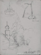 Skizze, Kniphausen, Burg und Wasserwerk Moorhausen, 1920-50er, 29,5x40 cm, Bleistiftzeichnung, Nachlass Arthur Eden (WV-Nr. 251)