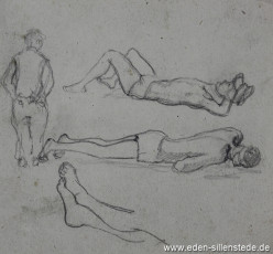Skizze, Mitgefangene, 1945, 10,5x10 cm, Bleistift auf Papier, Nachlass Arthur Eden (WV-Nr. 373)
