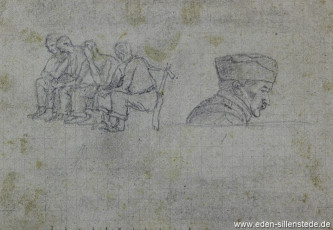 Skizze, Mitgefangene, 1945, 10x10 cm, Bleistift auf Papier, Nachlass Arthur Eden (WV-Nr. 428)