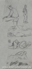 Skizze, Mitgefangene, 1945, 7x19,5 cm, Bleistift auf Papier, Nachlass Arthur Eden (WV-Nr. 370)