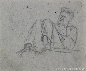 Skizze, Mitgefangener beim Lesen, 1945, 13,4x11 cm, Bleistift auf Papier, Nachlass Arthur Eden (WV-Nr. 367)