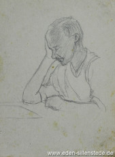 Skizze, Nachdenklicher Mensch, 1945, 11x14,5 cm, Bleistift auf Papier, Nachlass Arthur Eden (WV-Nr. 434)