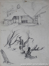 Skizze, Neuenburg, Bauernhaus und Urwald, 1930-50er, 29,5x39,5 cm, Bleistiftzeichnung, Nachlass Arthur Eden (WV-Nr. 189)