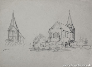 Skizze, Sande, Kirche, 1920-50er, 28x21 cm, Bleistiftzeichnung, Nachlass Arthur Eden (WV-Nr. 311)