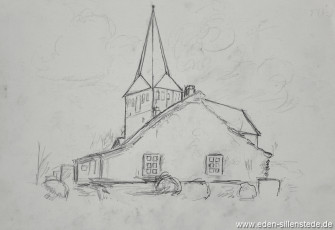 Skizze, Sande, Kirche, 1920-50er, 30x20 cm, Bleistiftzeichnung, Nachlass Arthur Eden (WV-Nr. 300)