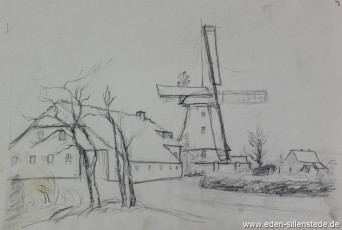 Skizze, Sillenstede, Mühle, 1920-50er, 28x19 cm, Bleistiftzeichnung, Nachlass Arthur Eden (WV-Nr. 306)