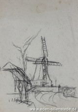 Skizze, Sillenstede, Mühle, 1950er, 19,5x29,5 cm, Kohlezeichnung, Nachlass Arthur Eden (WV-Nr. 166)