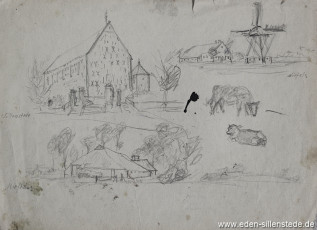 Skizze, Sillenstede-Wiefels, Kirche und Mühle, 1920-50er, 29x21 cm, Bleistiftzeichnung, Nachlass Arthur Eden (WV-Nr. 322)