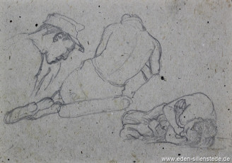 Skizze, Studie von Mitgefangenen, 1945, 14,5x10,3 cm, Bleistift auf Papier, Nachlass Arthur Eden (WV-Nr. 391)