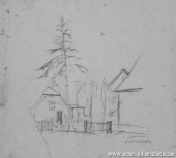 Skizze, Unbekannter Ort, Dörfliche Ansicht, 1928, 17x18 cm, Bleistiftzeichnung, Nachlass Arthur Eden (WV-Nr. 249)