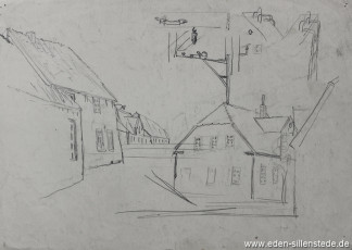 Skizze, Unbekannter Ort, Dorfskizzen, 1926, 32x22 cm, Bleistiftzeichnung, Nachlass Arthur Eden (WV-Nr. 303)