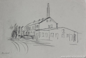 Skizze, Zetel, Alte Molkerei Blauhand, 1930-50er, 29,5x19,5 cm, Kohlezeichnung, Nachlass Arthur Eden (WV-Nr. 304)