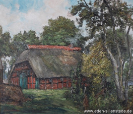 Steinhausen, Gehöft, um 1960, 64,2x54,8 cm, Öl auf Leinwand, Privatbesitz (WV-Nr. 1369)