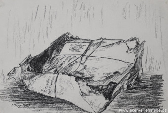 Stilleben, Paket an Theda Eggers, 1965, 32x22 cm, Kohlezeichnung, Nachlass Arthur Eden (WV-Nr. 217)