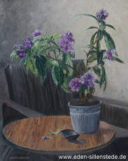 Stilleben, Tisch und Blume im Edenhaus, um 1970, 56x70,5 cm, Öl auf Leinwand, Privatbesitz (WV-Nr. 67)