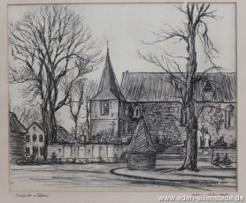 Tettens, Dorfpütt, 1957, 34x28 cm, Kohlezeichnung, Privatbesitz (WV-Nr. 910)