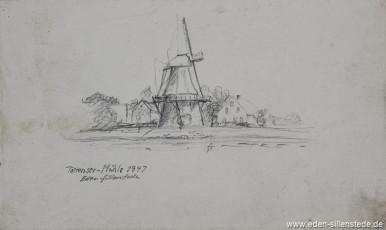 Tettens, Mühle, 1947, 16x10 cm, Bleistiftzeichnung, Nachlass Arthur Eden (WV-Nr. 247)