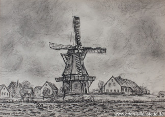 Tettens, Mühle, 1950, 32x23 cm, Kohlezeichnung, Privatbesitz (WV-Nr. 1482)