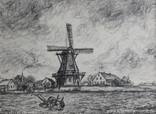Tettens, Mühle, 1950, 36x27 cm, Kohlezeichnung, Privatbesitz (WV-Nr. 1317)