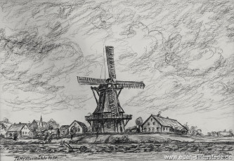 Tettens, Mühle, 1950, 37x26 cm, Kohlezeichnung, Besitz Landkreis Friesland (WV-Nr. 565)