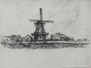 Tettens, Mühle, 1950, 39x22 cm, Kohlezeichnung, Nachlass Arthur Eden (WV-Nr. 172)