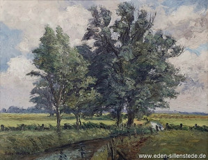 Unbekannter Ort, Bäume am Tief, um 1960, 70,2x54 cm, Öl auf Leinwand, Privatbesitz (WV-Nr. 1374)