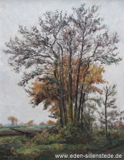 Unbekannter Ort, Bäume in der Marsch, 1961, 70,5x90 cm, Öl auf Leinwand, Besitz Stadt Schortens (WV-Nr. 814)