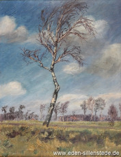 Unbekannter Ort, Birke in Landschaft, 1920-30er, 34x44 cm, Öl auf Holz, Privatbesitz (WV-Nr. 1197)