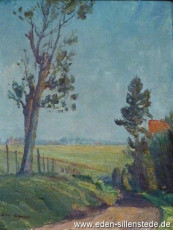 Unbekannter Ort, Blick aufs Feld, 1940-50er, 25x32 cm, Öl auf Karton, Privatbesitz (WV-Nr. 988)