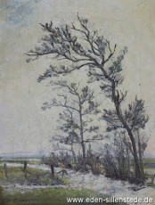 Unbekannter Ort, Friesische Landschaft im Winter, 1957, 38,4x50,6 cm, Öl auf Leinwand, Privatbesitz (WV-Nr. 1396)