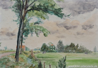 Unbekannter Ort, Friesischer Landstrich, um 1950, 35x24,5 cm, Aqurell, Privatbesitz (WV-Nr. 895)
