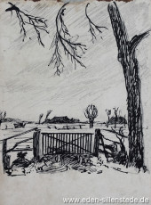 Unbekannter Ort, Gatter, 1940-50er, 11x13 cm, Tuschezeichnung, Nachlass Arthur Eden (WV-Nr. 328)