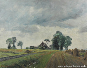 Unbekannter Ort, Gehöft, 1950er, 49x37,5 cm, Öl auf Leinwand, Besitz Schlossmuseum Jever (WV-Nr. 769)