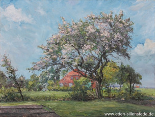 Unbekannter Ort, Gehöft in Friesland, um 1970, 74x56 cm, Öl auf Leinwand, Privatbesitz (WV-Nr. 1090)