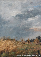 Unbekannter Ort, Getreidehocken, 1940-50er, 52,4x72,2 cm, Öl auf Leinwand, Privatbesitz (WV-Nr. 1331)