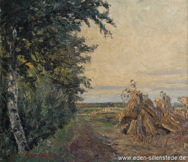 Unbekannter Ort, Getreidehocken, 1940er, 34x29 cm, Öl auf Karton, Privatbesitz(WV-Nr. 1490)