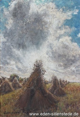 Unbekannter Ort, Getreidehocken, 1960er, 52,3x76,3 cm, Öl auf Leinwand, Privatbesitz (WV-Nr. 1497)