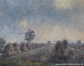Unbekannter Ort, Getreidehocken auf Feld, 1960er, 76,3x60 cm, Öl auf Leinwand, Privatbesitz (WV-Nr. 1491)