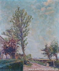 Unbekannter Ort, Hauseinfahrt, 1940er, 41x48 cm, Öl auf Leinwand, Privatbesitz (WV-Nr. 987)