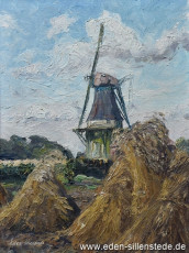 Unbekannter Ort, Hockenfeld mit Mühle, um 1965,46x61 cm, Öl auf Leinwand, Privatbesitz (WV-Nr. 1366)
