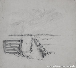 Unbekannter Ort, In der Marsch, 1920-30er, 19x17 cm, Bleistiftzeichnung, Nachlass Arthur Eden (WV-Nr. 235)