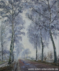 Unbekannter Ort, Landstraße im Winter, 1940-50er, 58x70 cm, Öl auf Leinwand, Besitz Sophienstift Jever (WV-Nr. 642)