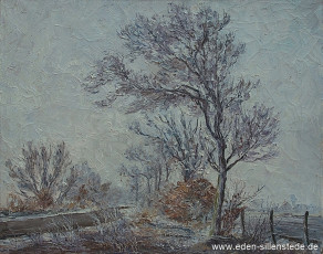 Unbekannter Ort, Landstraße im Winter, 1962, 63x51cm, Öl auf Leinwand, Privatbesitz (WV-Nr. 1035)