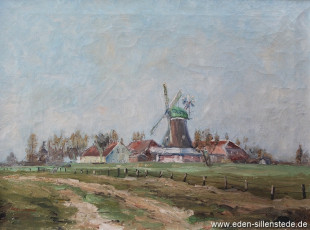 Unbekannter Ort, Mühle mit Müllerhaus, 1940er, 54,7x40,5 cm, Öl auf Leinwand, Privatbesitz (WV-Nr. 1334)