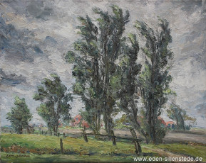 Werdum, Pappeln bei Werdum, um 1968, 74,5x59 cm, Öl auf Leinwand, Besitz Raiffeisenbank Jever (WV-Nr. 711)