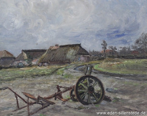 Unbekannter Ort, Räderpflug, 1950er, 52x43,3 cm, Öl auf Leinwand, Besitz Landkreis Friesland (WV-Nr. 604)