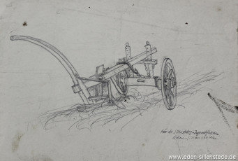 Unbekannter Ort, Räderpflug, 1954, 29x20 cm, Bleistiftzeichnung, Nachlass Arthur Eden (WV-Nr. 318)