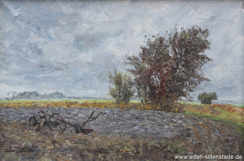Unbekannter Ort, Räderpflug, 1960er, 62,5x42 cm, Öl auf Leinwand, Privatbesitz (WV-Nr. 1356)